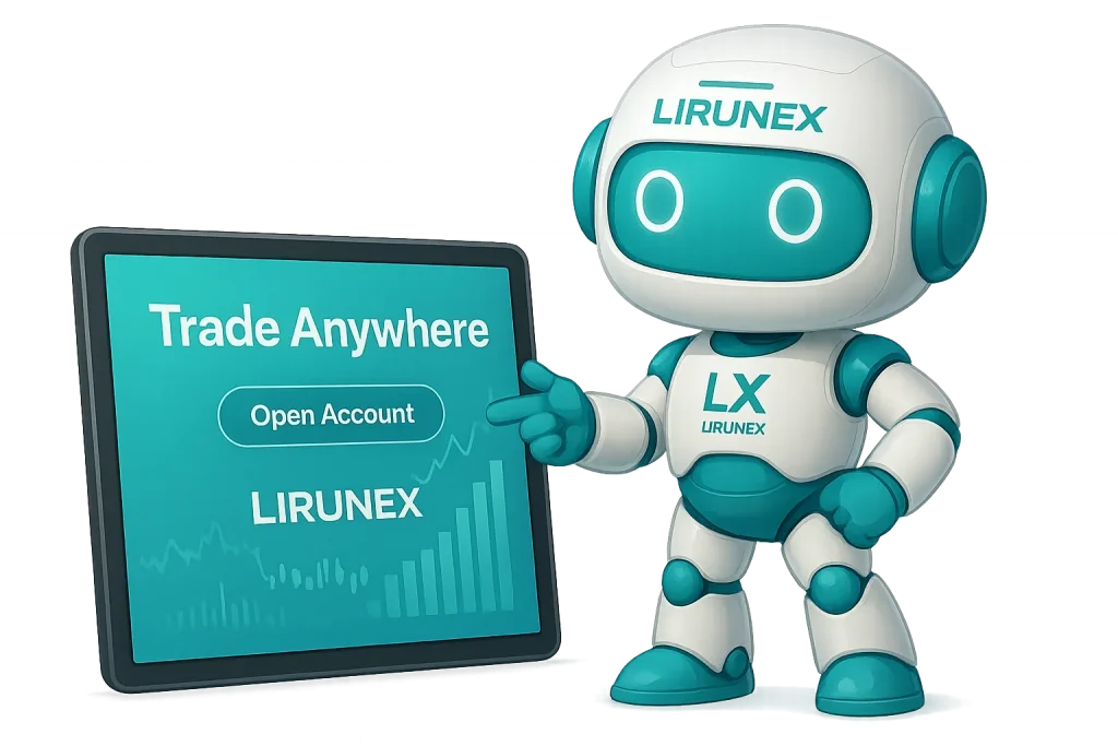 Lirunex robot pointing at a tablet screen showing Trade Anywhere message, charts, and an Open Account button